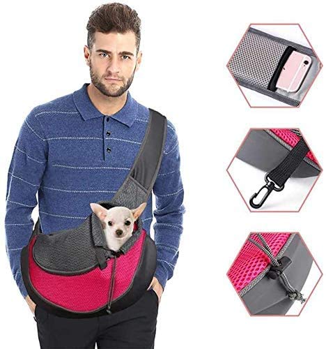 Dog Carrier Sling Breathable Mesh Hand Free Shoulder Tote Bag for Puppy Small Animals 4-8lb Adjustable Padded Shoulder Strap with Front Pocket Dog Carry Outdoor Walking Travel (4-8lb) (Rose Red+Grey)