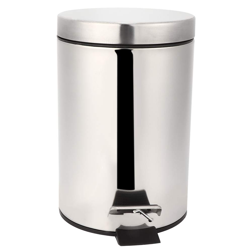 Stainless Steel Step Trash Can Round Small Metal Step Trash Can with Lid Soft Close Step Pedal Trash Bin Removable Inner Waste Basket for Bathroom Bedroom Office 0.8Gal/3L (Silver)