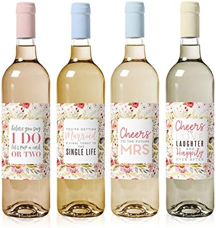 Hen Party Decorations Wine Labels (4-Pack) - Waterproof and Easy to Apply for Bridal Shower, Engagement Party, Wedding Shower, Hen Do and Bride to Be