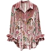 Women's Velvet Button Down Shirts Loose Long Sleeve Blouses Flared Sleeves Vintage Prints Casual Tops for Fall Spring