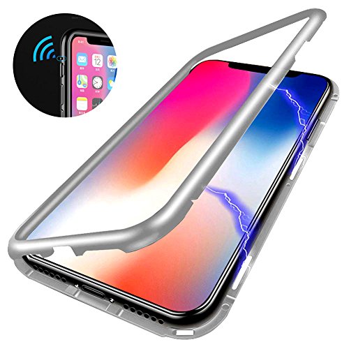 iPhone X Magnetic Adsorption Case,Clear Tempered Glass Hard Back Cover With Built-In Magnets Metal Bumper Frame Support Wireless Charge,360° Full Protection Ultra Slim Shockproof Case [Clear white]