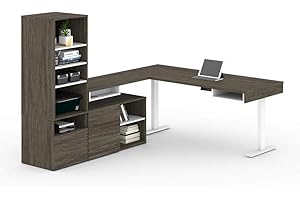 Bestar Viva L-Shaped Standing Desk with Credenza and Shelving Unit, 72W, Walnut Grey & White