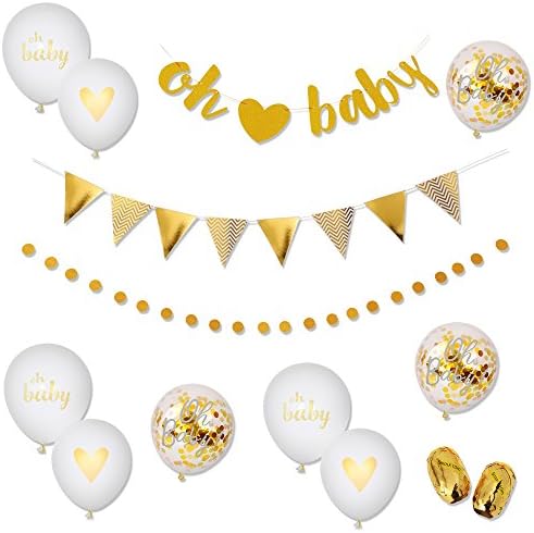 Baby Shower Decorations for Girls Boys Neutral Decor Banners [Oh Baby, Triangle] Polka Dot Garland &amp; 9PC Balloons [Gold, Confetti, White] Set Glittery Unisex Pregnancy Announcement Gender Reveal Party