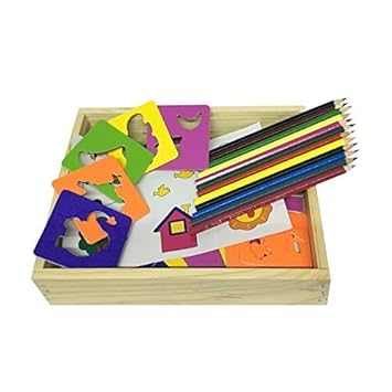 Akrobo Wooden Educational Drawing Game Combination Set with Colour Pencils & Various Shapes for Kids