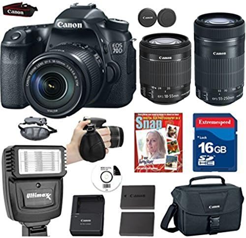 Canon EOS Rebel 70D DSLR +Canon 18-55 IS STM +Canon EF-S 55-250mm f/4.0-5.6 IS +Extra High Capacity +16g Commander Memory Card +Top Value Bundle - International Version