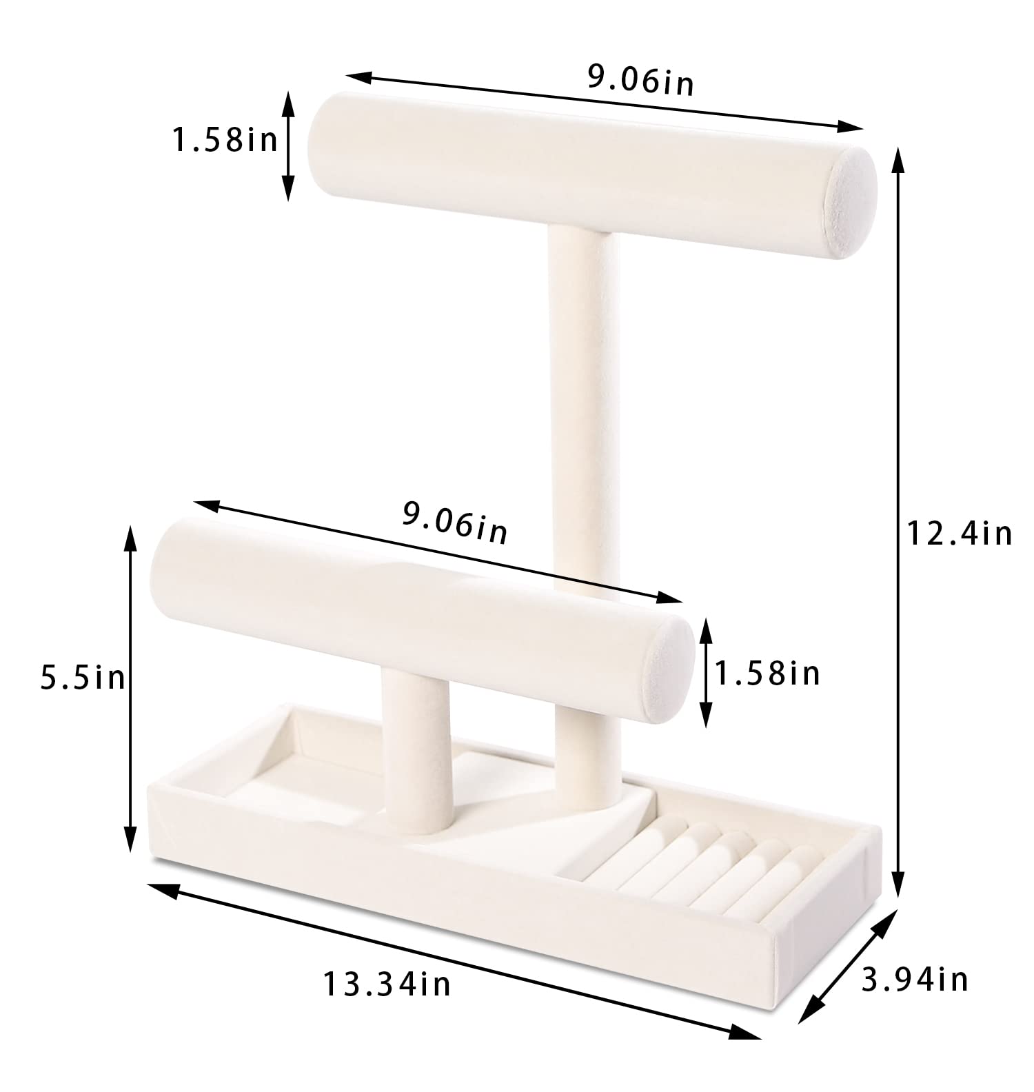 ByKen Jewelry ByKen Multi-Functional 2 Tier Jewelry Holder,Necklace Bracelet Holder with Earrings Rings Tray,Jewelry Organizer Stand for Scrunchie Watches(Beige Velvet)