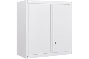 GREATMEET Metal Wall Cabinet, Wall Mount Metal Cabinet for Garage Storage, Locking Cabinet with Doors and Adjustable Shelf, Steel White Cabinet for Utility Room, Garage