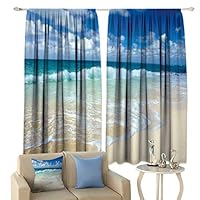 Bohogifts Wave Curtains, Beach with Foamy Waves on Empty Sea Shore Holiday Theme Serene Coastal Window Treatments for Living Room Curtain 2 Panels Set, 52" W x 63" L Blue White Sand Brown