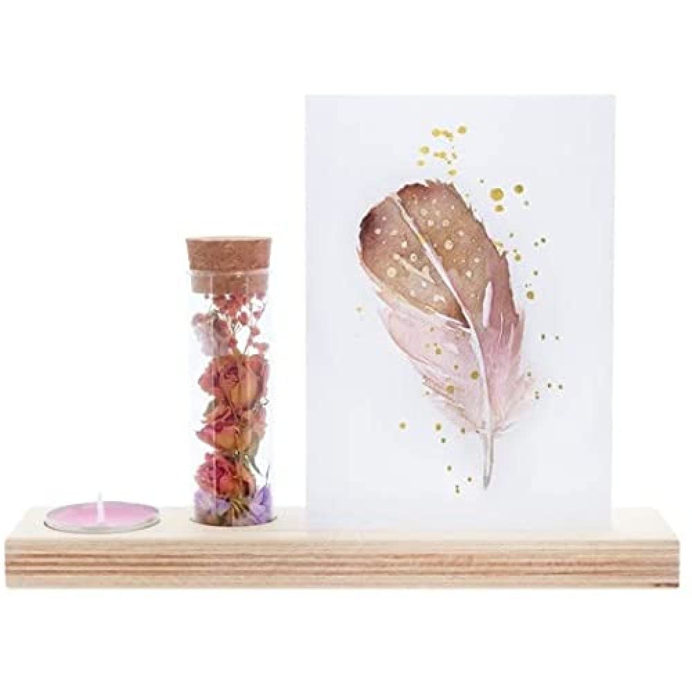 BloomPost BlooMemory Candle - Wooden standard with Dried flowers in glass & two scented candles - Mixed colours - Unique Letterbox Gift, (L044)