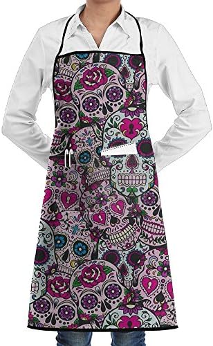 Purple Sugar Skull Men &amp; Women Bib Chef Kitchen Apron With Pockets