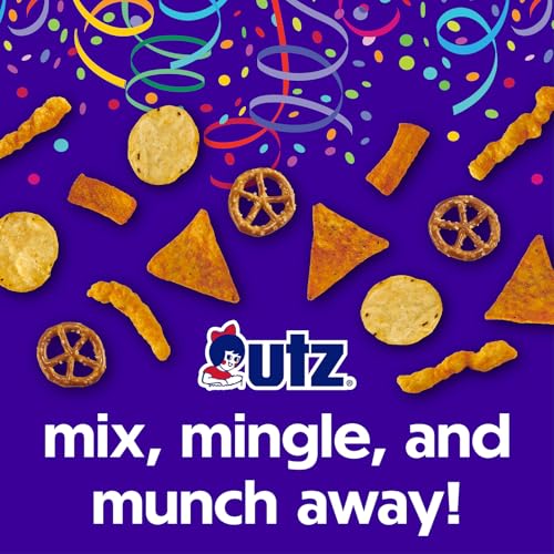 UTZ PARTY MIX – 26 OUNCE BARREL – TASTY SNACK MIX INCLUDES CORN/NACHO TORTILLAS, PRETZELS, BBQ CORN CHIPS AND CHEESE CURLS, EASY AND QUICK PARTY SNACKS, CHOLESTEROL FREE AND TRANS-FAT FREE