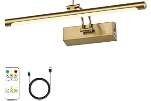 Joosenhouse Battery Operated Picture Light 5000mAh Rechargeable Wall Light 15.7" Wireless Picture Lights for Wall with Remote Control for Paintings Photo Spot Lights Indoor Brass Color