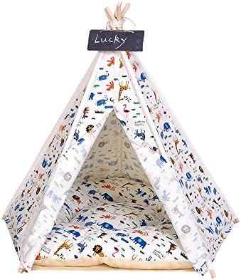 Pet Teepee Dog &amp; Cat Bed - Dog Tents &amp; Pet Houses With Cushion &amp; One Blackboard , 24 Inch , Up to 15lb ,Lion pattern