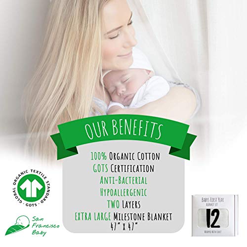 Organic Baby Monthly Milestone Blanket - Soft Cotton, Unisex Photo Blankets + Props for Newborn Baby Boy or Girl Personalized Baby Pictures Prop to Track Age & Growth - 47x47 - Thumbnail 7