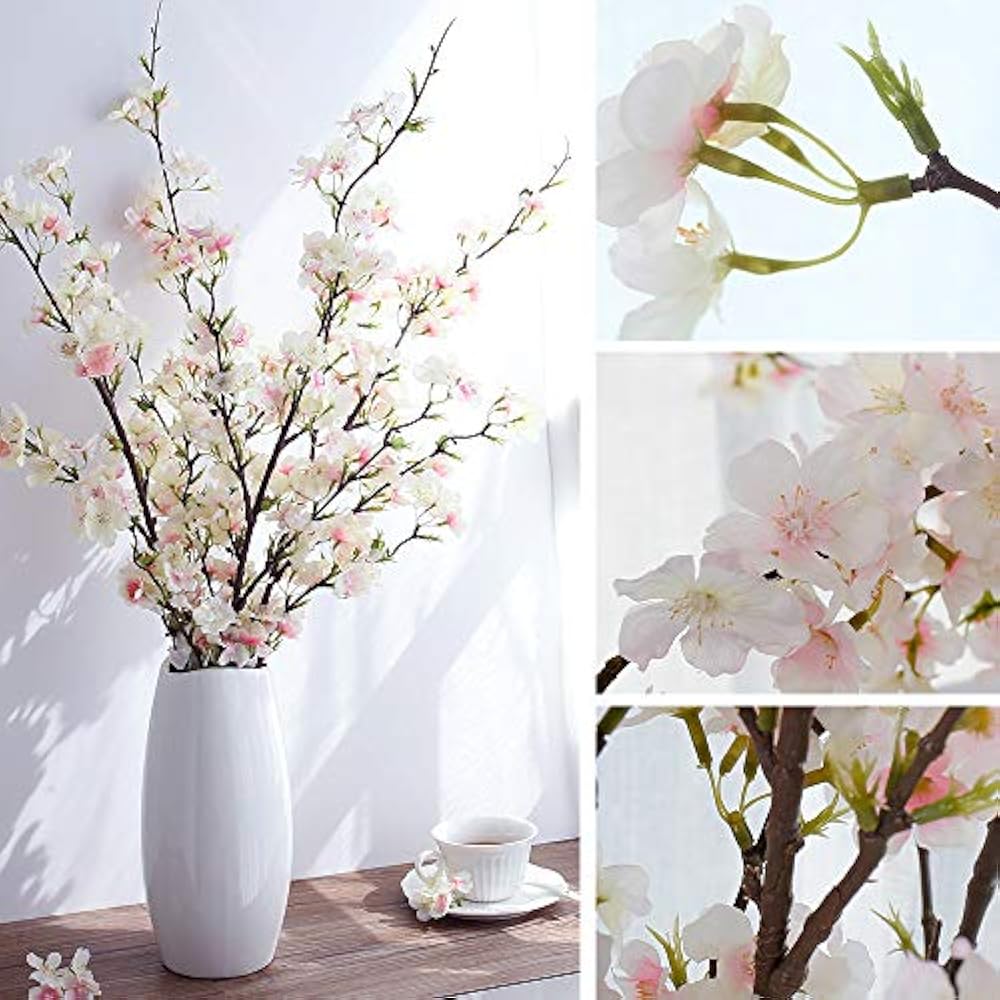 Artificial Cherry Blossom Flowers, 4pcs Peach Branches Silk Tall Fake