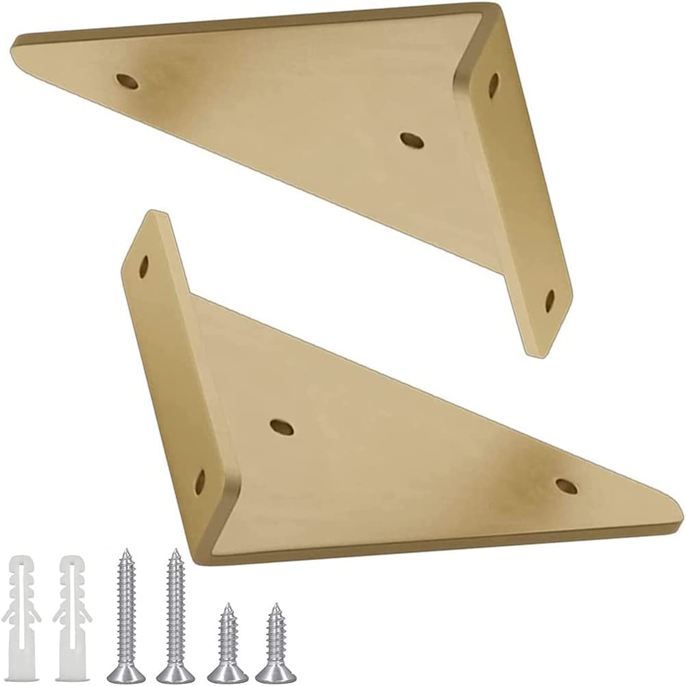 2 Pieces Triangular Wall Bracket, Shelf Brackets Triangle Shape Wall Shelf Brackets Shelf Brackets with Mounting Accessories for Storage Shelf Bookcase Kitchen Stand (Gold)