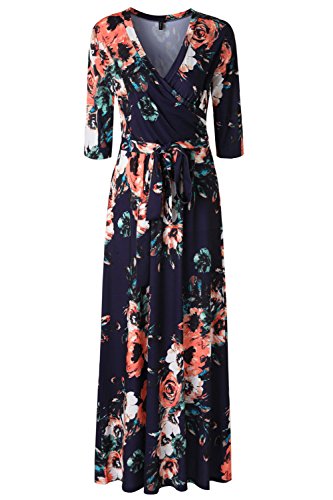 Zattcas Womens 3/4 Sleeve Floral Print Faux Wrap Long Maxi Dress with Belt