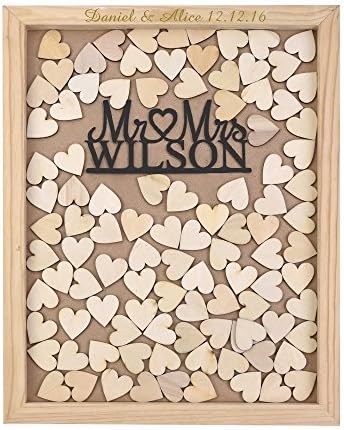 Personalized Engraved Rustic Drop Top Wooden Wedding Guest Book Frame &amp; Customized Mr &amp; Mrs 340x50 CM with 150 Pcs Wooden Hearts