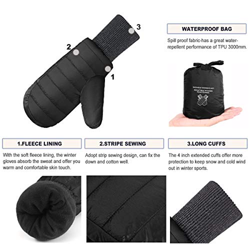 Andake Down Mittens Gloves for Men Water-resistance Warm Winter Snow Gloves for Walking Jogging Work Outdoor Activities (L/XL, BLACK)
