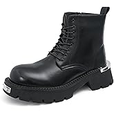 Men's Genuine Leather Platform Lace Up Dress Combat Boots with Side Zipper Casual Wide Round Toe Chunky Lug Sole Comfort Non Slip High Top Ankle Boots for Daily Streetwear Walking Formal Work Office