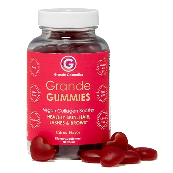 GRANDE COSMETICS VEGAN COLLAGEN HAIR VITAMIN GUMMIES FOR HAIR, SKIN, LASH, & BROW FOR WOMEN WITH BIOTIN, FOLIC ACID, VITAMIN C – 1 MONTH SUPPLY, 60 TABLETS, CITRUS FLAVOR