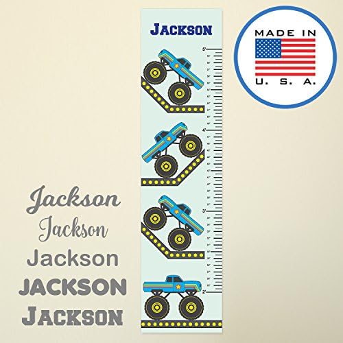 WallClipz Personalized FABRIC Growth Chart Wall Decal, Monster Trucks with Name, Blue Yellow Star, Height Ruler Measurement, Peel and Stick Wall Decor, MADE IN USA