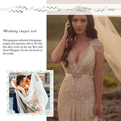 Fdesigner Bride Cathedral Veil Wedding Chapel Veils Bridal Headpieces Statement Veils Long Soft Veil with Comb 2T (Champagne) - Thumbnail 6