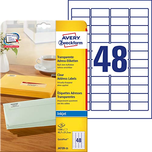 AVERY Zweckform J4720-25 Adressetiketten/Adressaufkleber (1.200 Etiketten, 45,7x21,2mm auf A4, bedruckbar, selbstklebend, für Absenderetiketten, Polyesterfolie, Inkjet-Drucker) 25 Blatt, transparent
