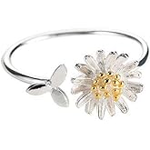 NewZenro Daisy Flower Cute Leaf Sterling Silver Engagement Open Toe Rings Dainty Adjustable Gold Plated Finger Promise Statement Sunflower Ring Jewelry Gifts for Birthday Women Daughter