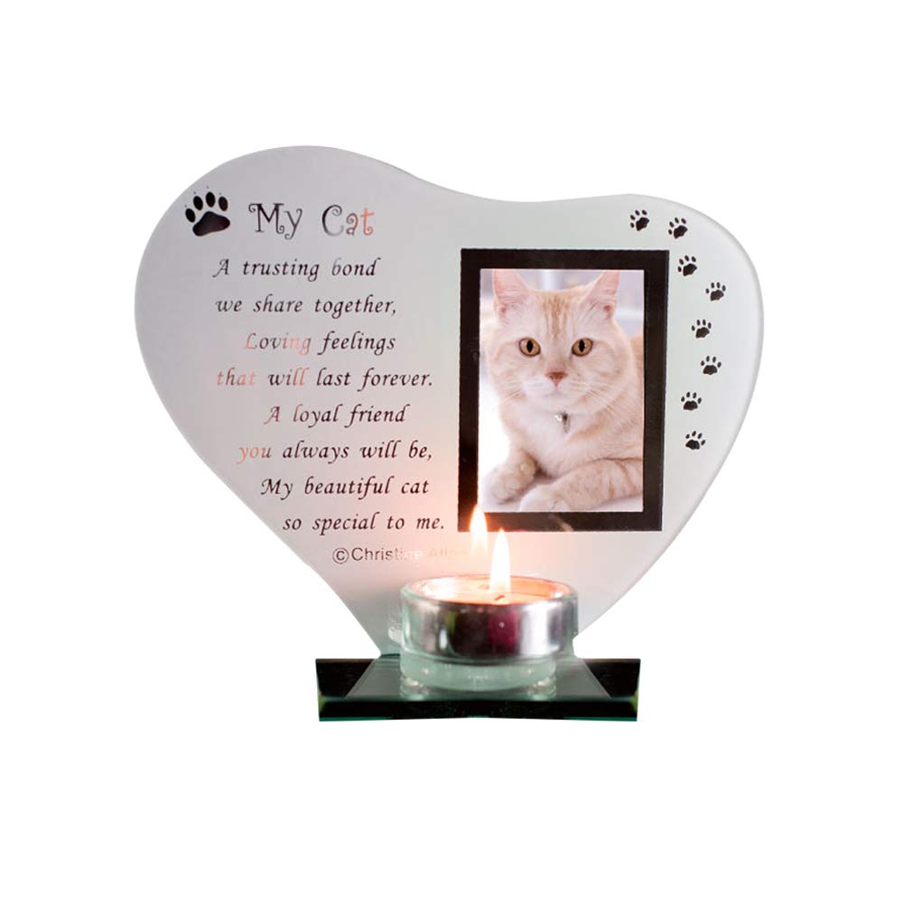 Candle and Photo Holder Glass Memorial Plaque for Departed Pet - Personalise your Frame with your Pet’s Picture | Thoughtful Present with Poem (Cat)