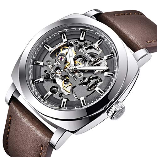 BENYAR - Men's Automatic Mechanical Watch - Leather Strap - Gold Movement - 45mm Skeleton Dial - Water Resistant and Scratch Resistant - Stylish Gift for Men