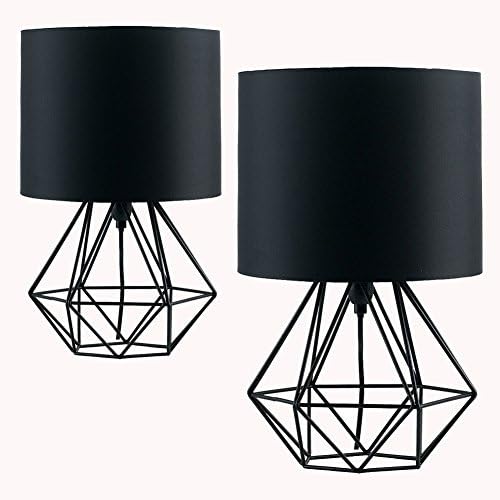Modern Cage Desk Lamp, Motent 2pcs Vintage Industrial Wire Cage Base Black Fabric Shade Bedside Table Light Antique Minimalist Iron Wrought Accent Lamp Nightstand for Bedroom Loft Club - 036 Black