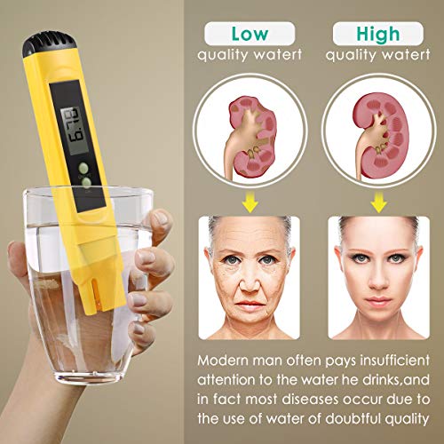 Digital PH Meter, VANTAKOOL PH Meter 0.01 PH High Accuracy Water Quality Tester with 0-14 PH Measurement Range for Household Drinking, Pool and Aquarium Water PH Tester Design with ATC (yellow)