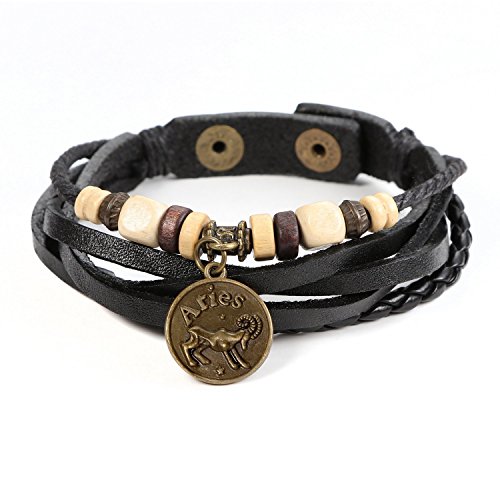 Lucky Handmade Natural Constellation Zodiac Sign Logo Genuine Real Leather Bracelet with Charms, Beads, Button, Adjustable Size, Gift for Him or for Her, Unisex (Aries - Black Leather)