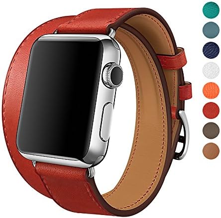 For Apple Watch Band 38/42mm Leather Double Tour iwatch Strap Replacement Band with Stainless steel Adpter Clasp for Iphone Watch Series 3 Series 2 Series 1,Sport Edition,Men Women (Red, 38mm)