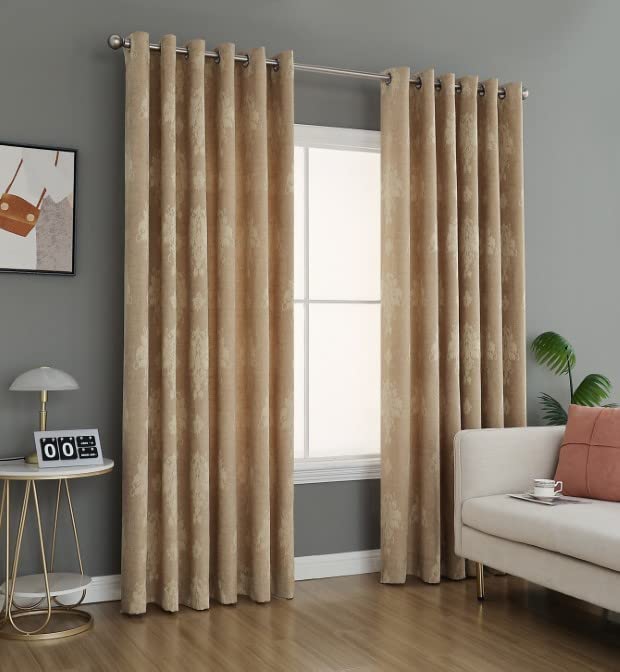 PRIME LINENS Curtain for Living Room Ring Top Jacquard Fully Lined Modern Panels Eyelet Curtain for Bedroom Window with 2 Free Tie Backs (Gold, W 46" x L 54")