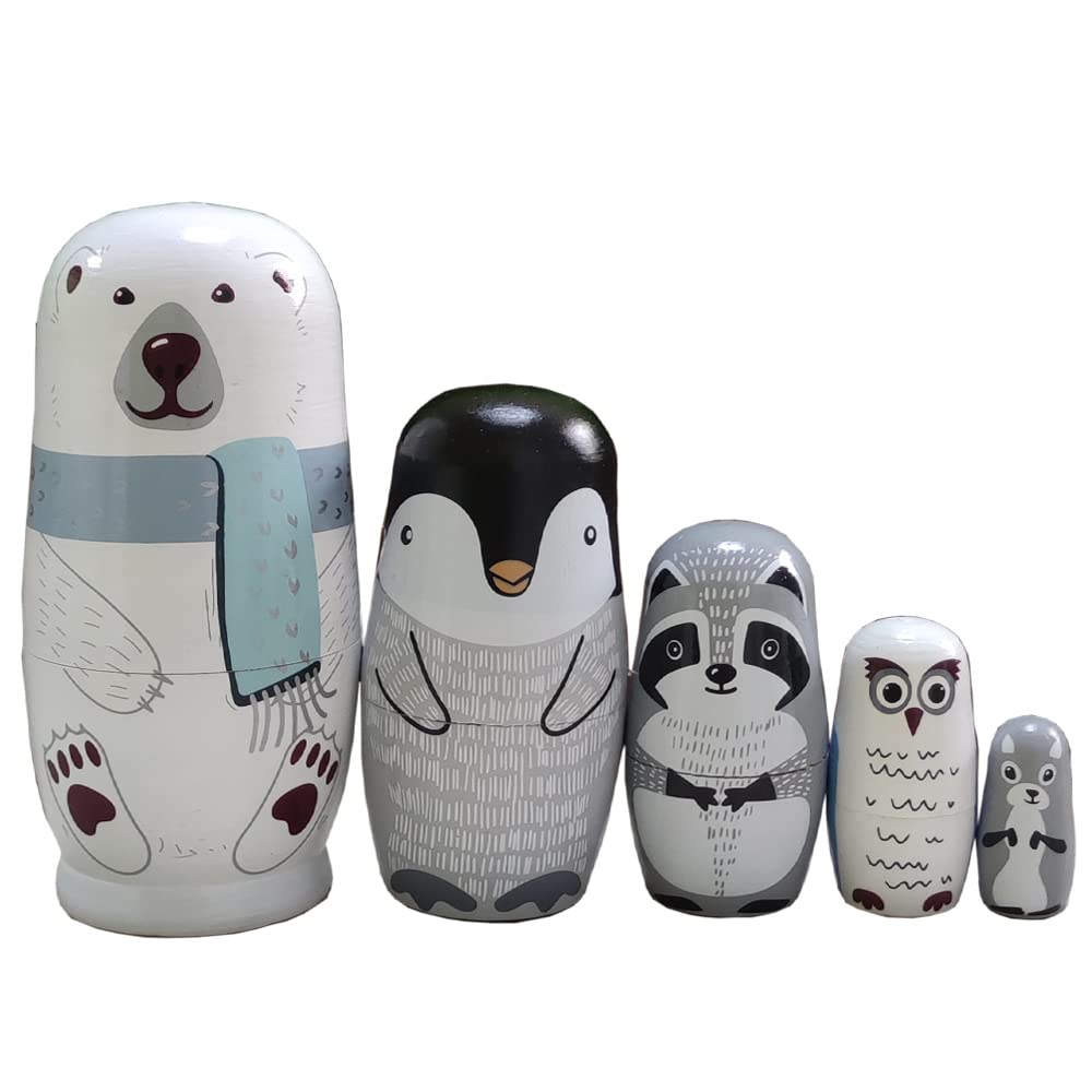 Oostifun Gobus Wooden Nesting Doll Russian Nesting Dolls Sets for Home Office Decoration Small things key collection Children Gifts (Animals in Winter Polar bear Penguin)