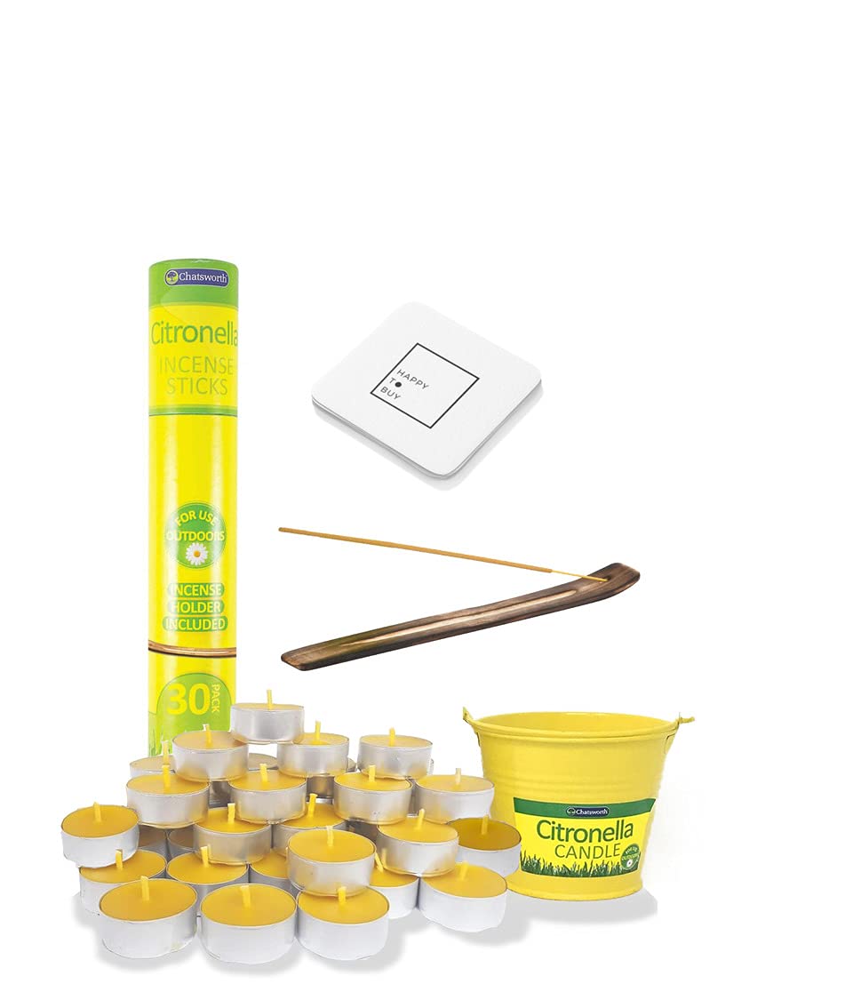 Citronella Candles Outdoors Set For Garden, Patio, Camping, Barbecue, Summer Party, Yoga - Insect Repellent Bucket Candle With Coaster x 1, Incense x 30 and Tealights x 25 - Mosquito Repellent
