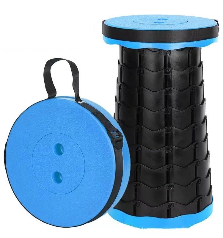 BRAVECOW Folding Stool Portable Telescopic Retractable Foldable Seat Adjustable Collapsible Lightweight Plastic Stool Indoor Outdoors Camping Hiking Travel BBQ Fishing (Blue)