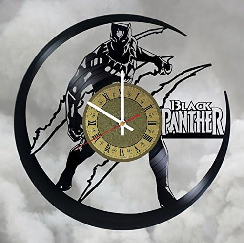 Black Panther superhero vinyl record wall clock Marvel Comics clock gift idea for birthday, christmas, women, men, friends, girlfriend boyfriend and teens - living kids room nursery (Gold/White)