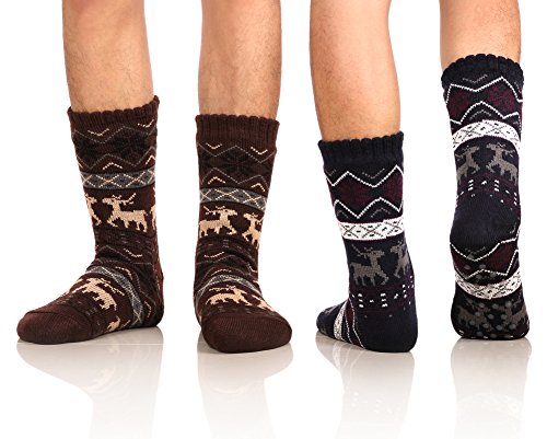 DoSmart Men's Winter Thermal Fleece Lining Knit Slipper Socks Skid Fuzzy Warm Indoor Home Socks 2 Pairs (Dark blue&Browm)One Size Fit Most (Men's Shoe Sizes 6-12)