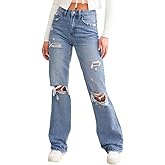 uhbkezy Loose Jeans for Women High Waist Wide Leg Ripped Destructed Jeans Boyfriend Baggy Bootcut Denim Pants Y2k