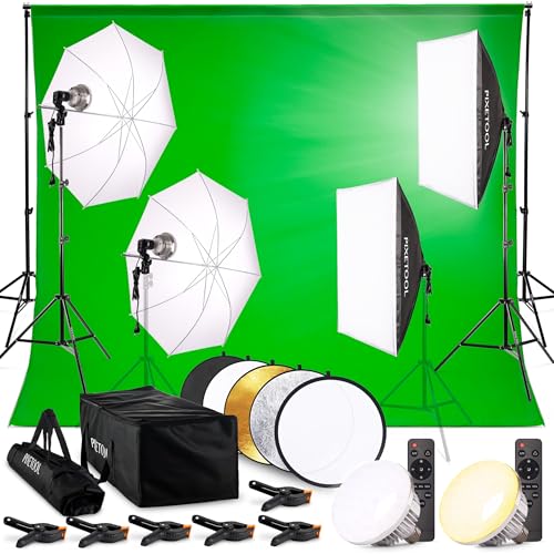 PIXETOOL Fotostudio Set - Softbox - Greenscreen (3m x 3m) mit Ständer