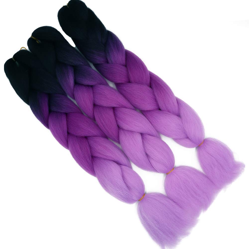24" Braiding Hair Extension Jumbo Braids Synthetic 3bundles/pack Crochet Hair Afro Box Braid Heat Resistent(Black&Purple&Light Purple)