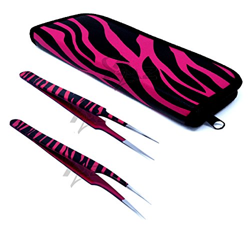 SET OF 2 Stainless Steel Pink Black Zebra 3D Eyelash Extension Tweezers Straight A type + Pro Straight Fine Point (A2Z)