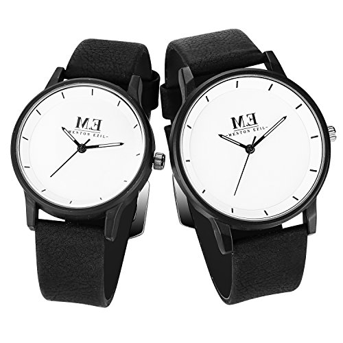 Menton Ezil Simple Couples Gifts Watches White Dial Leather Band Quartz Analog Wrist Watches for Her and Him - Sets of 2