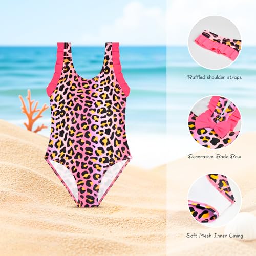 Power Flower Girls' Leopard Swimsuit with Ruffles and Bow on the Back Quick Dry for Beach Pool Holidays 2-10 Years