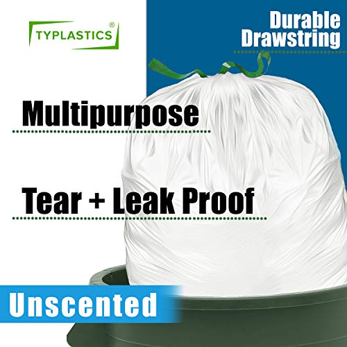 TYPLASTICS Drawstring Trash Bags - Tall Kitchen Trash Bag - White Multipurpose Garbage Bags - Indoor and Outdoor Use - 13 Gallon (White, Strong)