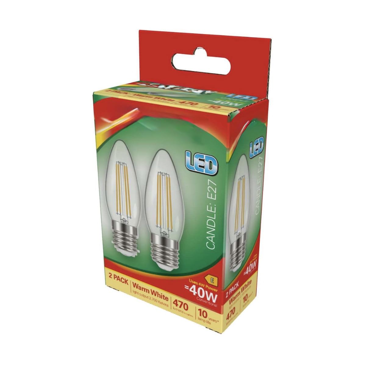 DECK INN Pack of 2 LED Filament 4W ES E27 Candle Equivalent to 40W Incandescent ES E27 Edison Screw Warm White 2700K,470 Lumens