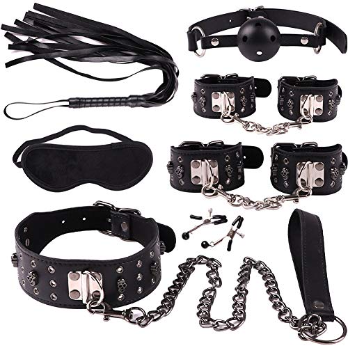 7 Piece Leather Bondage Restraints Set Kit for Bed and Under Bed Sex Play SM Bondage Toy Gear Wrist Cuffs Gags Collar Spanking Nipple Rope Strap On Harness for Women Couples Lesbian Female,A1